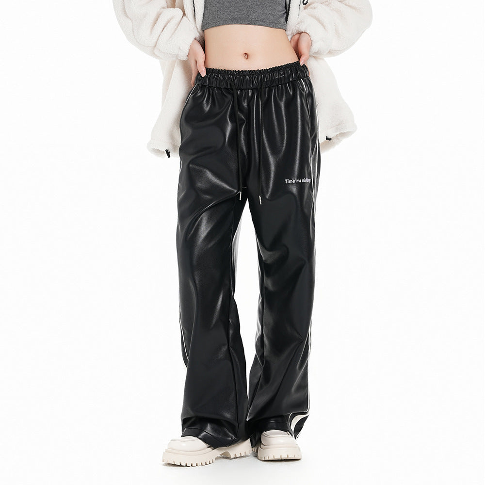 Men's Striped PU Leather Straight-leg Trousers