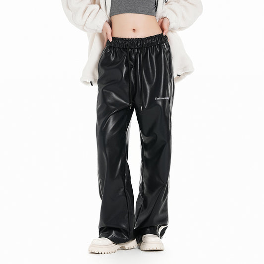 Men's Striped PU Leather Straight-leg Trousers