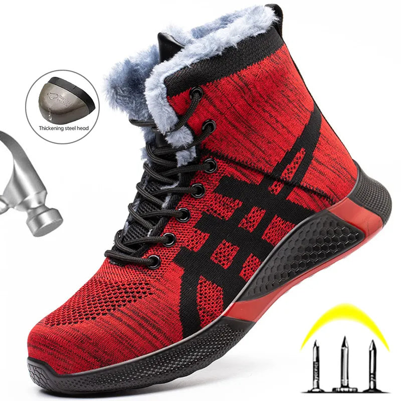 Bottes d'hiver en peluche pour hommes, chaussures de Protection Anti-écrasement et Anti-perforation, chaussures de sécurité chaudes, épaisses et respirantes à lacets