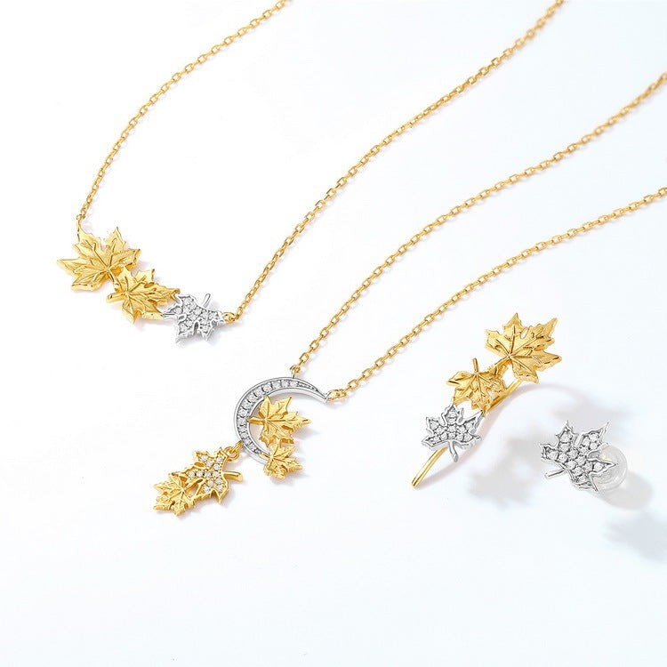 Autumn Winter Japanese And Korean Maple Leaf White Zirconium 925 Silver Necklace Women's