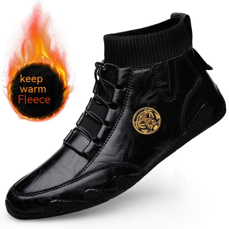 Real Leather With Fleece Lining Mid-top Wool Socks Mouth Octopus Leather Boots
