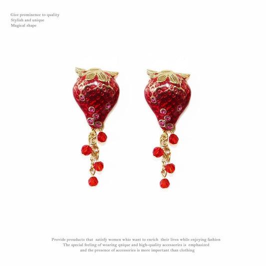Boucles d'oreilles en émail dégoulinant de fruits fraises et diamants en argent sterling avec aiguille