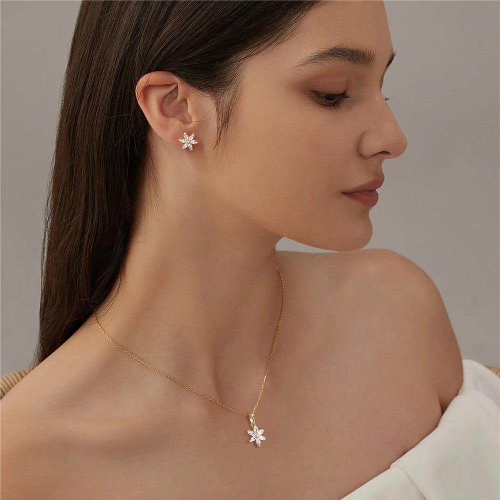 Sterling Silver Crystal Snowflake Ear Stud Necklace Suit