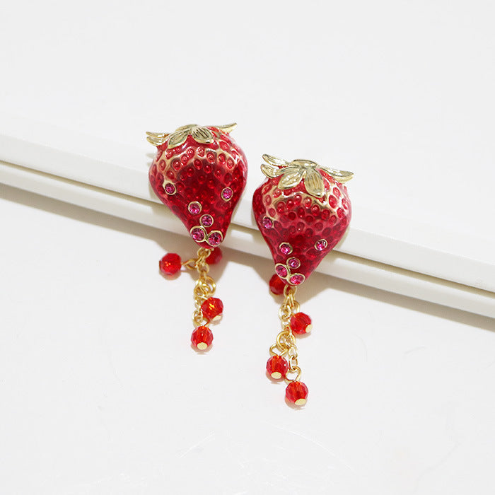 Boucles d'oreilles en émail dégoulinant de fruits fraises et diamants en argent sterling avec aiguille