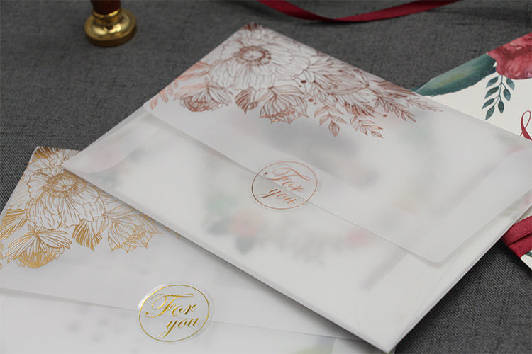 Carte d'invitation en papier acide sulfurique, vernis mat bronzant
