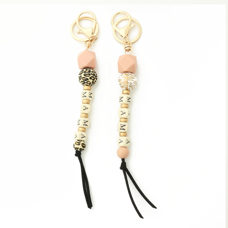 Letter Wood Wafer Silicone Bag Pendant Leopard Chain Keychain