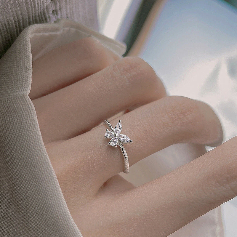 S925 Sterling Silver With Shiny Diamond Butterfly Ring Female Cold Style Light Luxury Minority High-grade All-match Diamond Ring