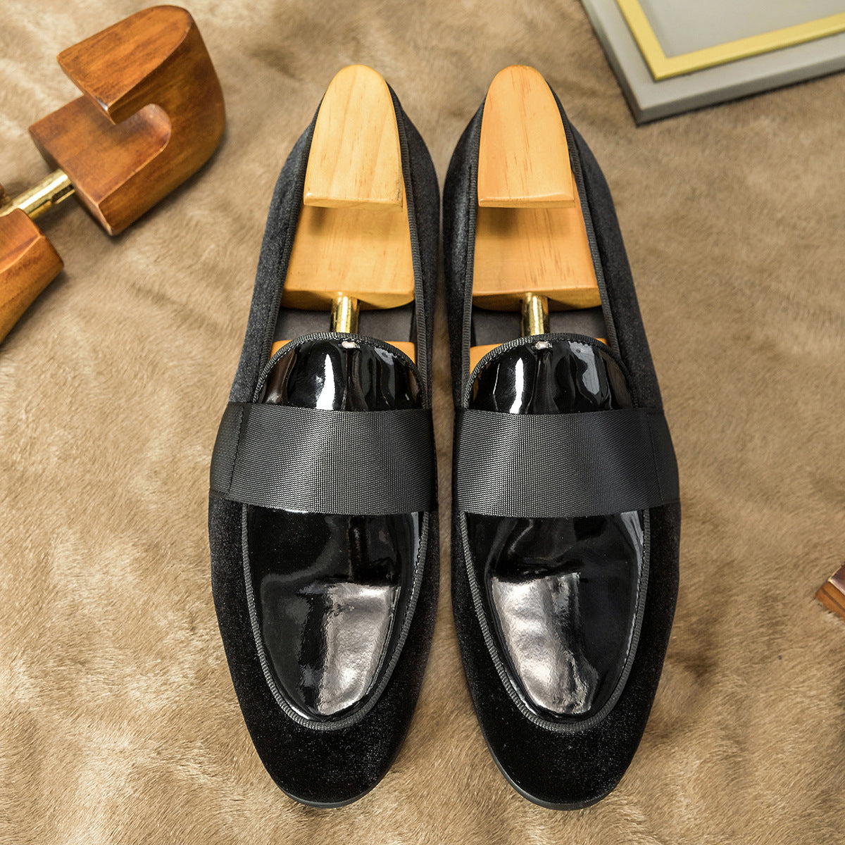 Mocassins coréens en cuir verni velours, chaussures rondes décontractées en cuir
