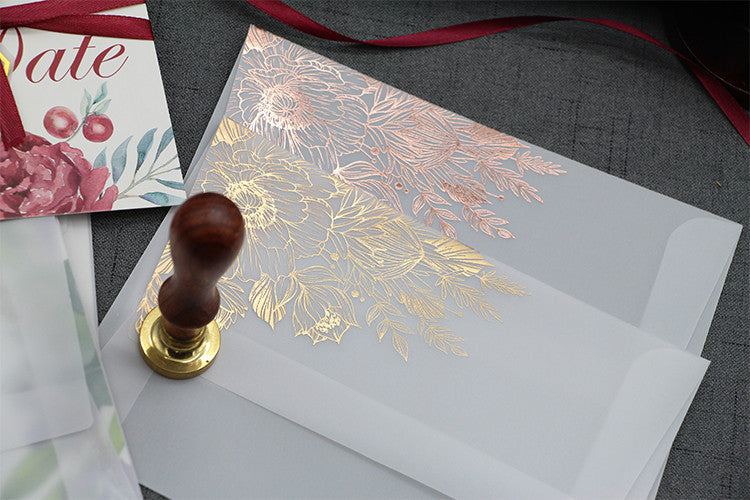 Carte d'invitation en papier acide sulfurique, vernis mat bronzant
