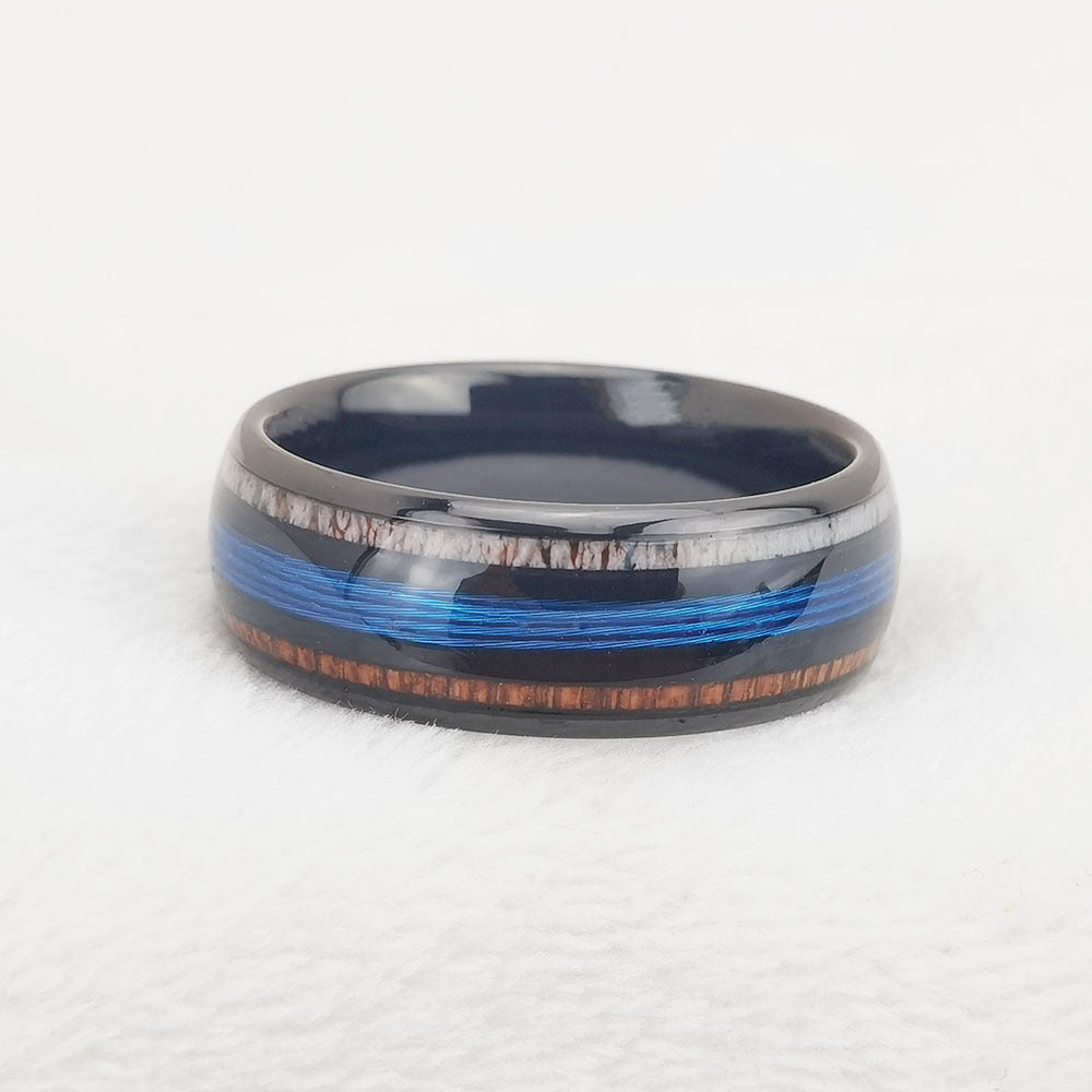 Anneau de corne de cerf incrusté de noir électrique poli