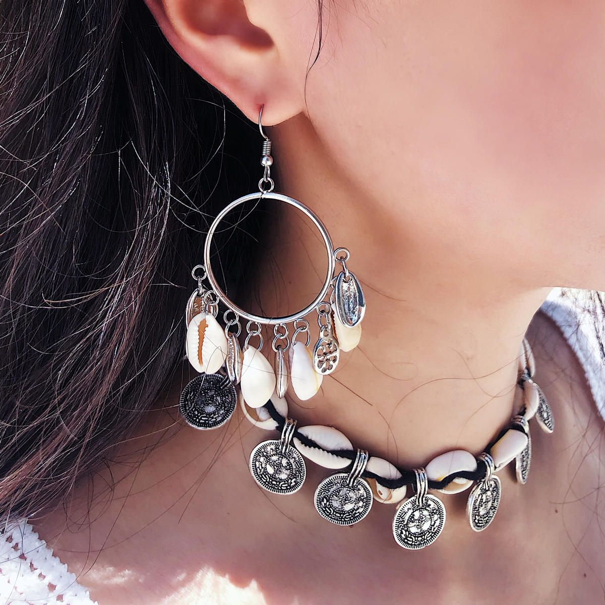 Boucles d'oreilles pendentif coquillage bohème femme