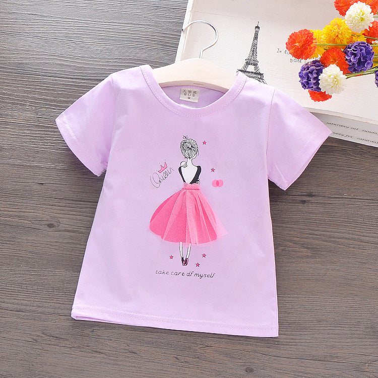 Vêtements d'été coréens pour enfants, T-shirt en coton à manches courtes pour enfants, chemise de dessin animé pour filles, chemise à manches mi-longues pour petites filles