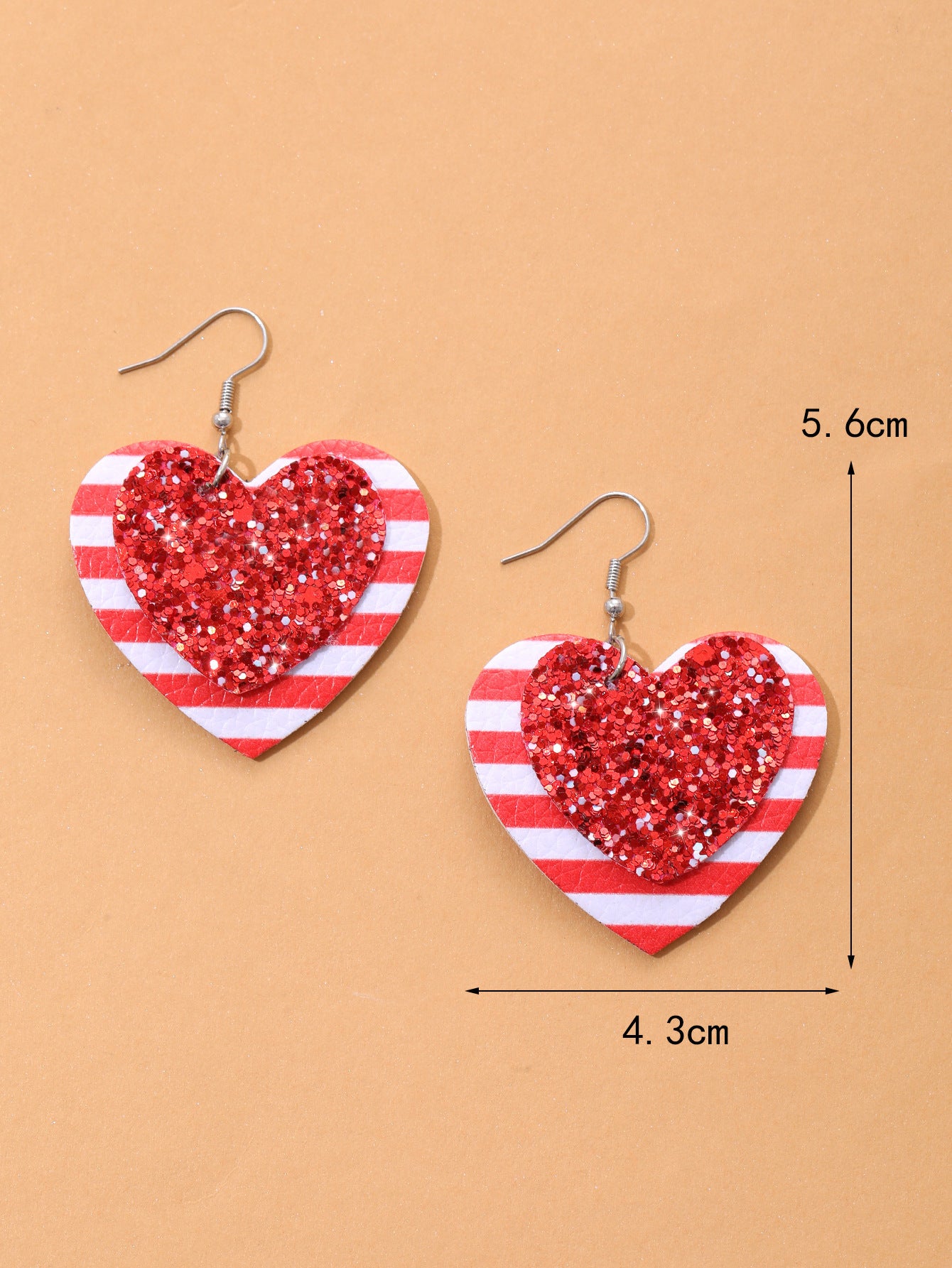 Boucles D'oreilles En Cuir À Paillettes Rayées Rouges Et Blanches En Forme De Coeur Pour La Saint-Valentin