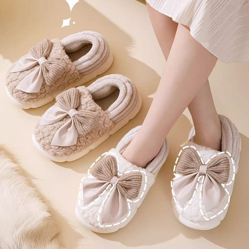 Zapatillas mullidas con Nudo De Lazo Grande Zapatos De Algodón con Tacón Cubierto Cálido De Invierno Zapatillas De Plataforma De Suela Gruesa De Moda Zapatos para Caminar En El Jardín Interior Y Exterior