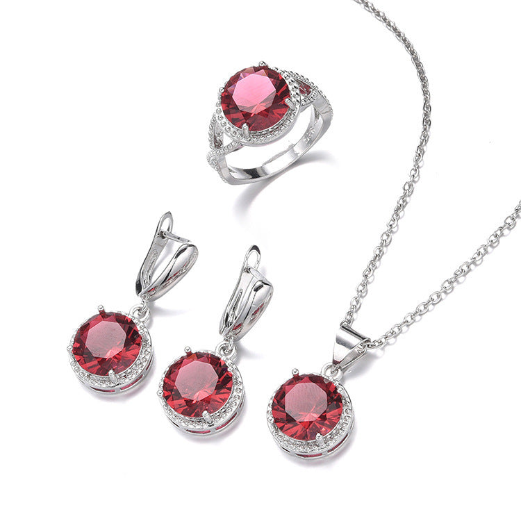 Women's Zircon Necklace Earring Ring Three-piece Set Simple Round