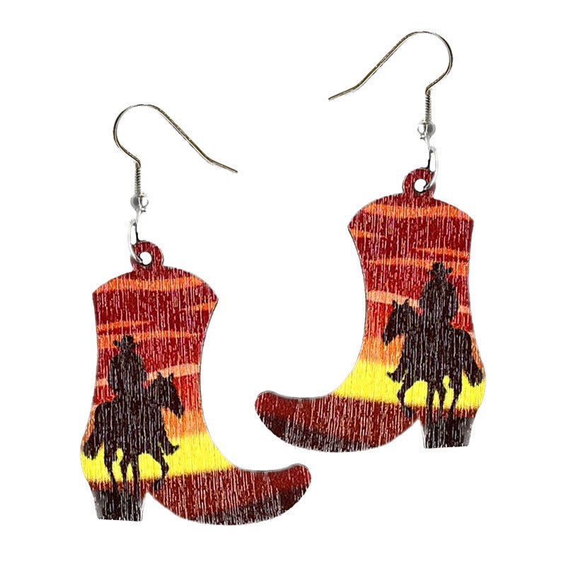 Western Denim Boots Floral Ethnic Style Wooden Vintage Floral Autumn Leaf Earrings
