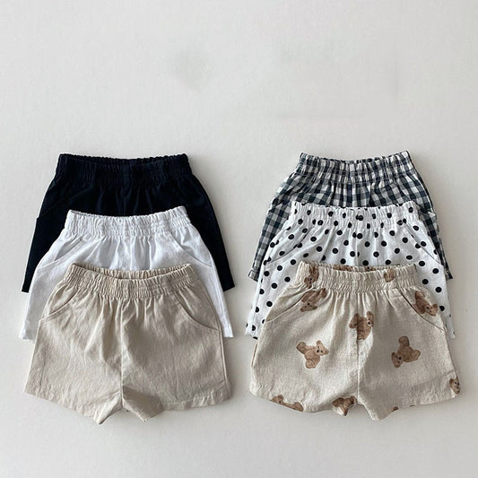 Ins Baby pantalones cortos sueltos finos de algodón y lino estilo infantil