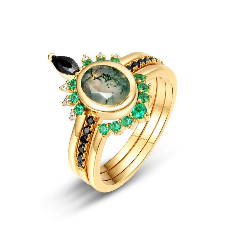 Bague femme en argent S925 incrustée de pierre de mousse verte