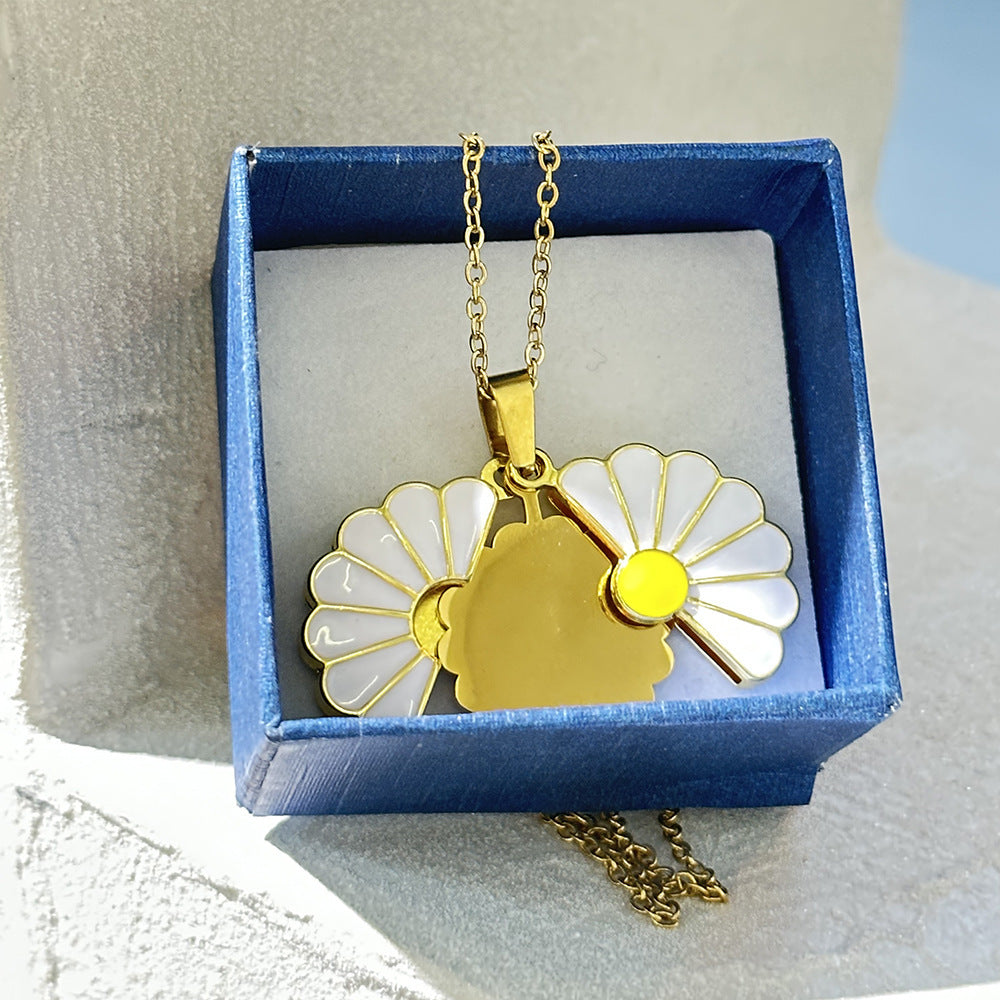Daisy Stainless Steel Blank Inscription Necklace SUNFLOWER Gold Pendant Drop Oil Chrysanthemum Necklace