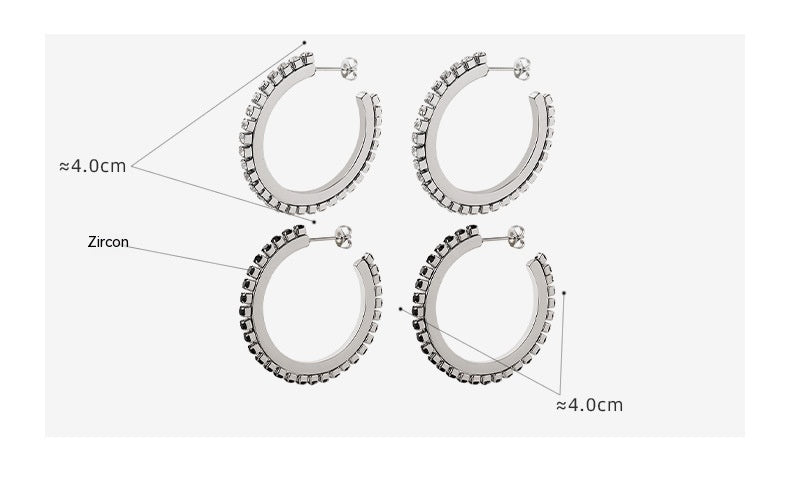 European And American Personalized Exaggerated Starry Black And White Zircon C- Shaped Diamond Titanium Steel Ear Ring