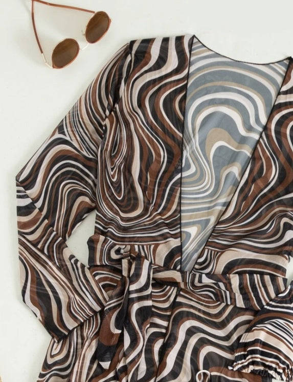 Ensemble trois pièces en maille à robe longue rayée à lacets