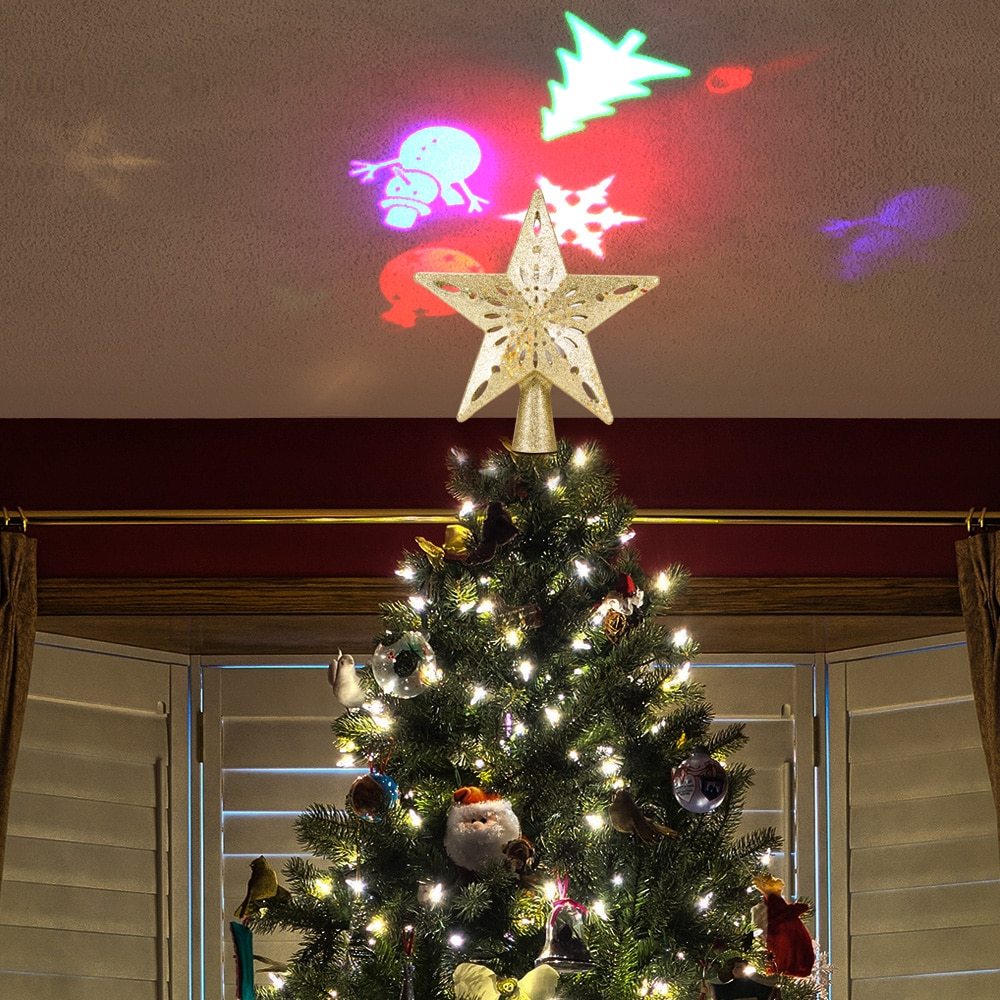 Lumière supérieure d'arbre de noël en forme d'étoile et de flocon de neige, projecteur Laser LED, lumières d'ornement d'arbre de noël