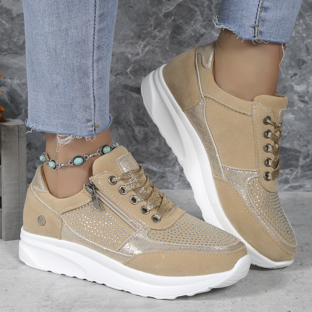 Flat Round Toe Rhinestone Pumps Women's Sports Casual Shoes