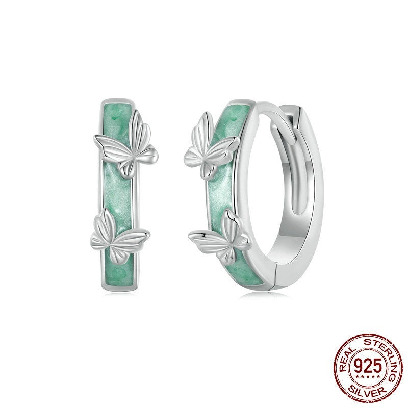Simple Green Butterfly Ear Clip S925 Sterling Silver Earrings Jewelry