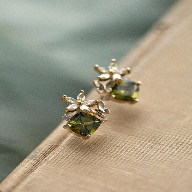 Olive Green Zircon Butterfly Studs Ear Clip