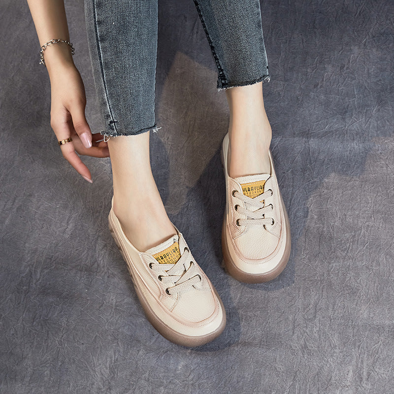 Escarpins à bouche peu profonde en cuir de vache véritable pour femme, chaussures décontractées à plateforme en caoutchouc, première couche