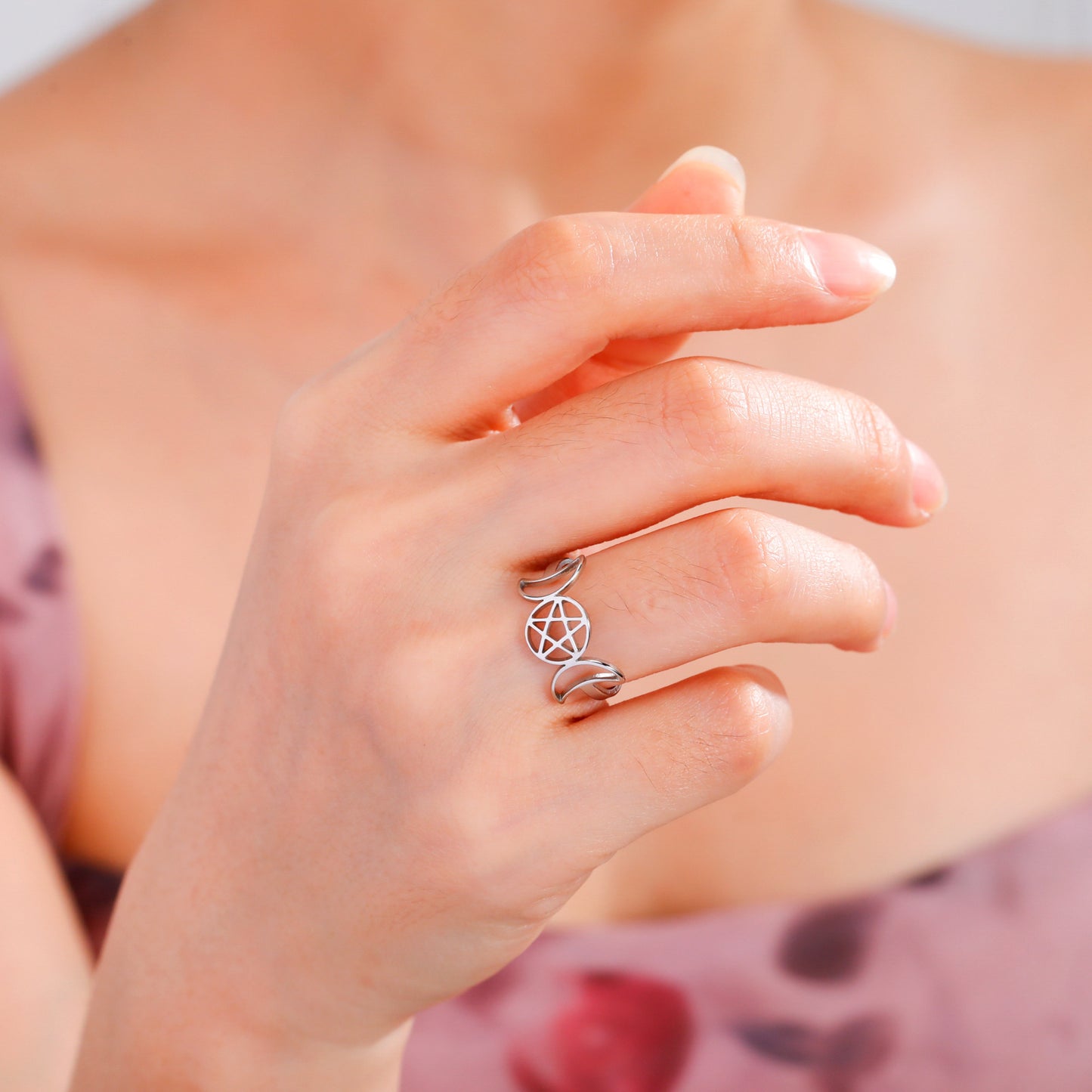 Bague en acier inoxydable, ornement de Couple sauvage, Double lune, pentagramme