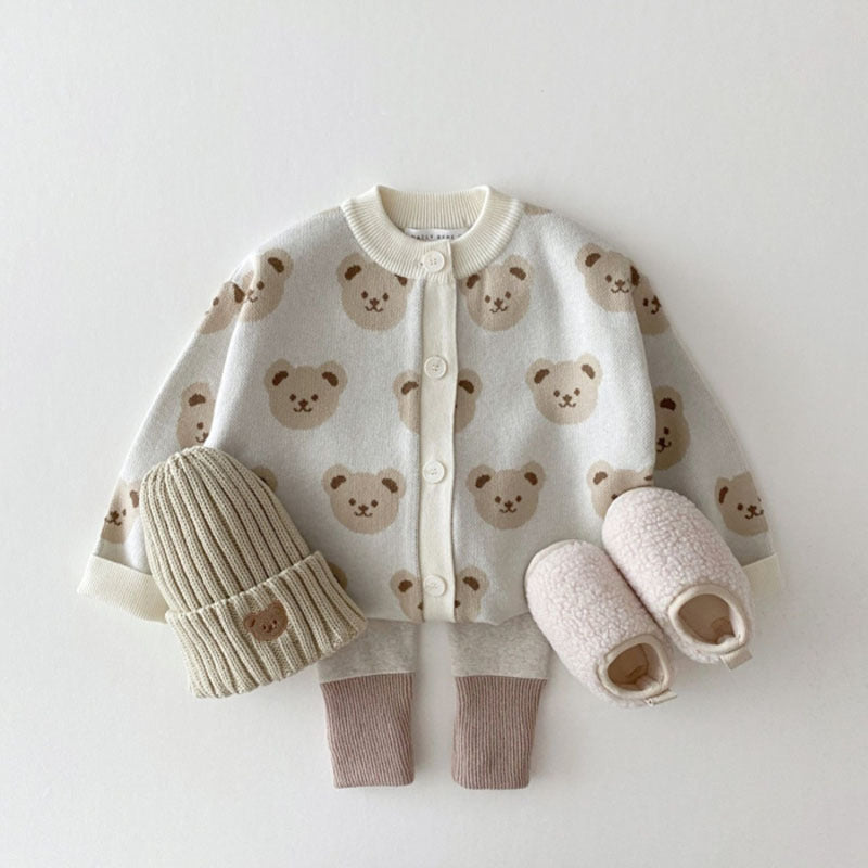 Moda infantil oso suéter abrigo moda lindo dibujos animados cuello redondo