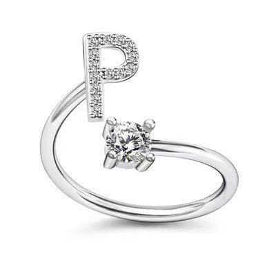 Female Stylish Adjustable Zircon 26 Letters Ring