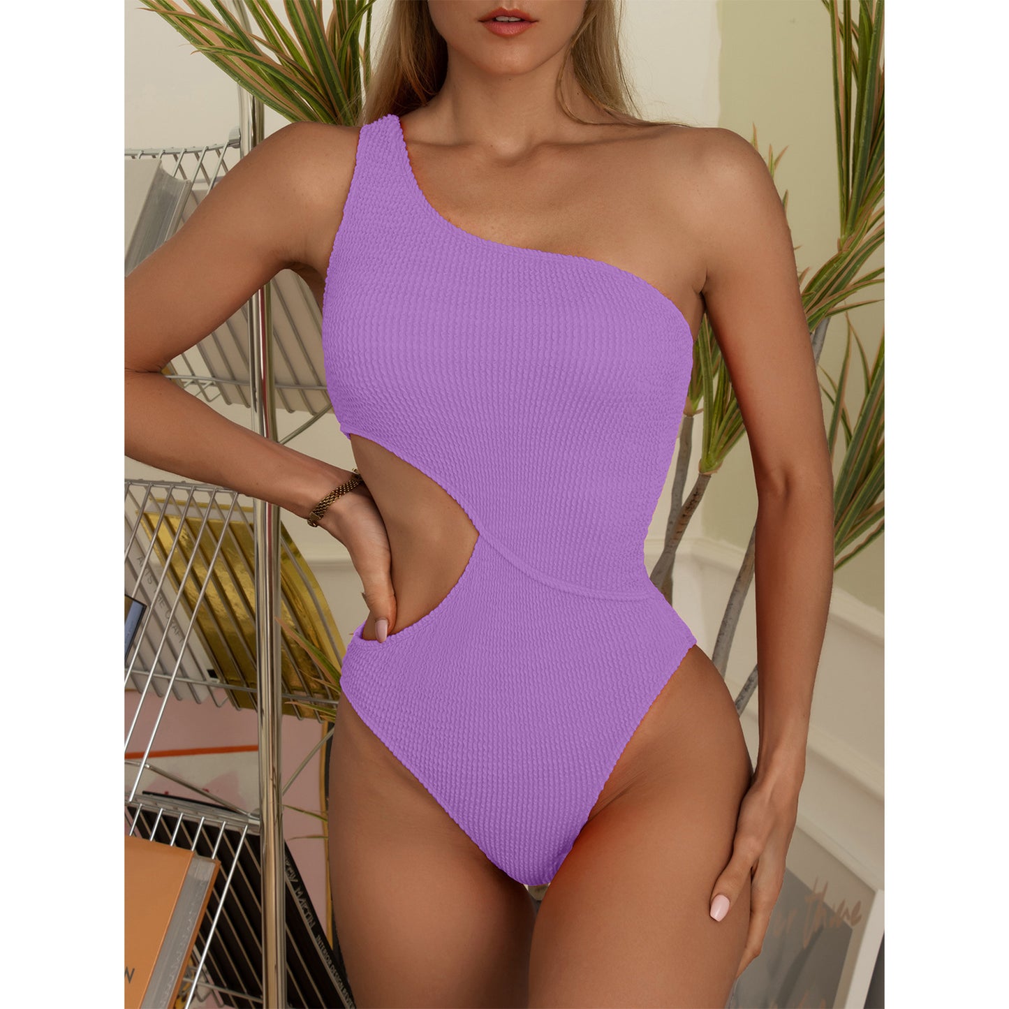 Maillot de bain une pièce pour femme, bikini, couleur unie, asymétrique épaule dénudée