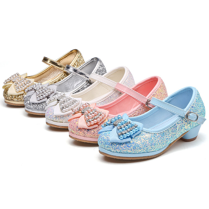 Chaussures en cristal à talon haut et nœud pour enfants