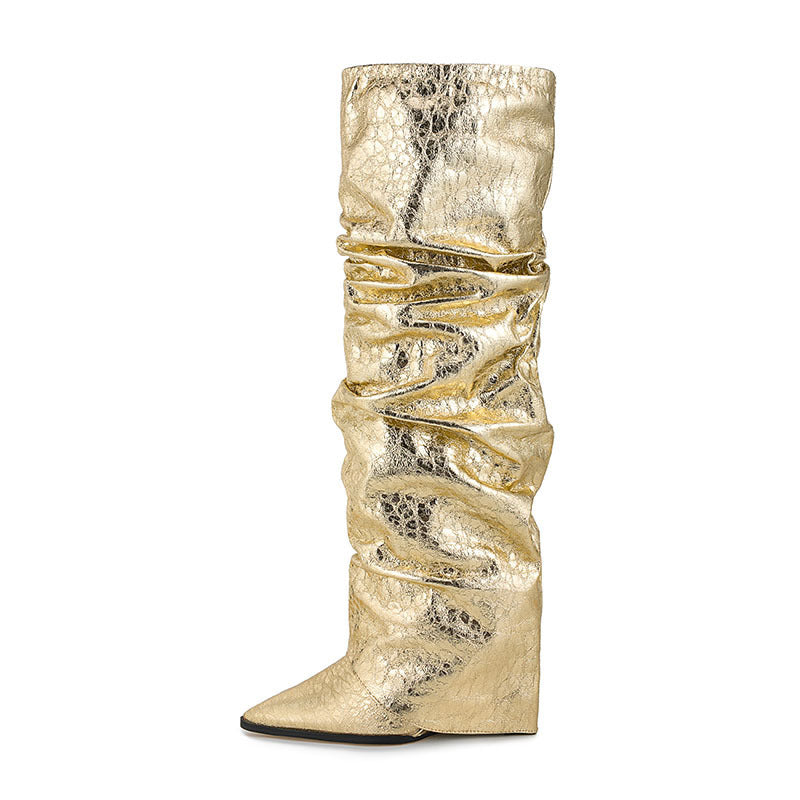 Botte haute plissée à manches pointues pour femmes