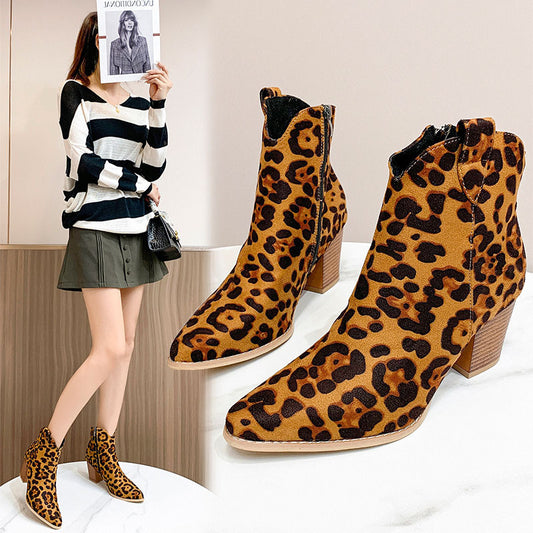 Zapatos de tacón informales para mujer con cremallera lateral y puntera puntiaguda con estampado de leopardo plano europeo y americano