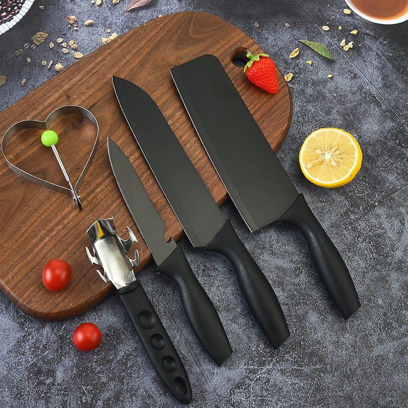 Ensemble de cinq pièces à lame noire en acier, couteau de cuisine, couteau à fruits avec machine à omelette, ensemble d'épluchage
