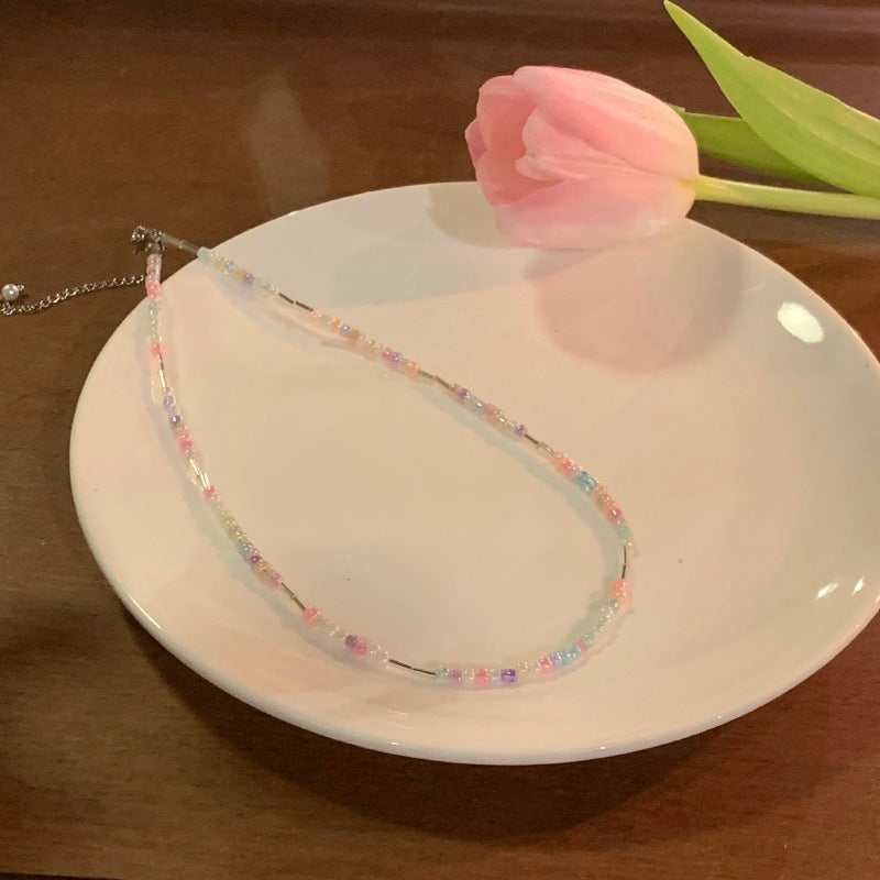 Color Bow Beaded Necklace Female Flower Short Pearl Necklace