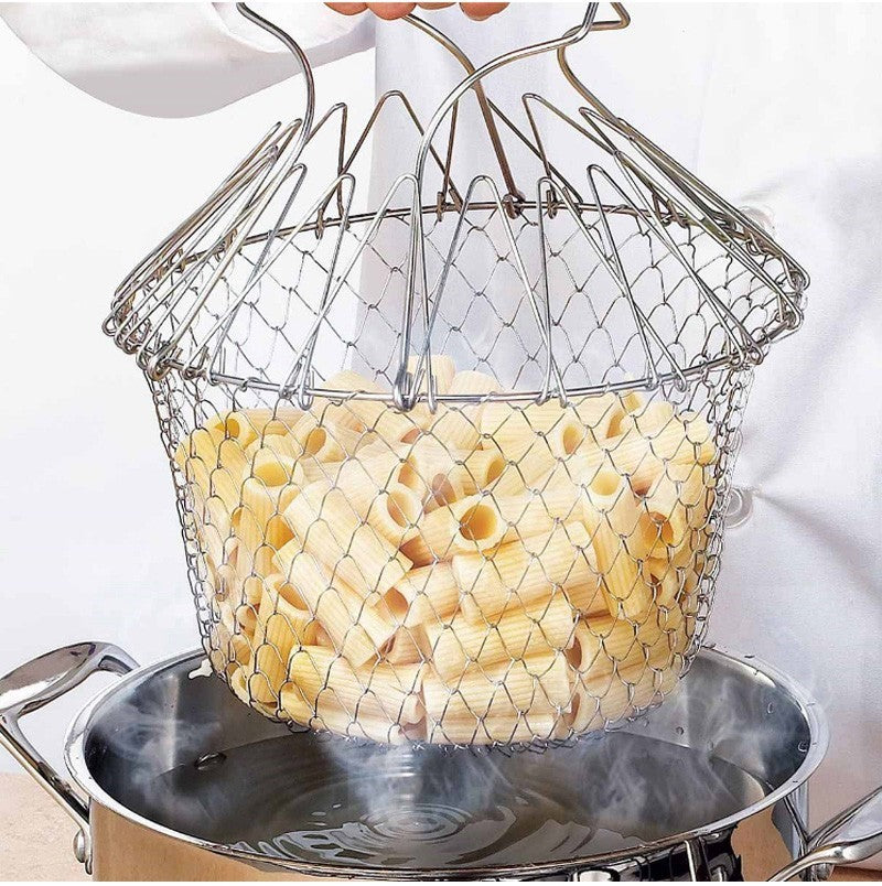 Panier à frire en acier inoxydable multifonction pliable, panier de cuisine de chef, outil de cuisine flexible pour le lavage des aliments frits, fruits et légumes