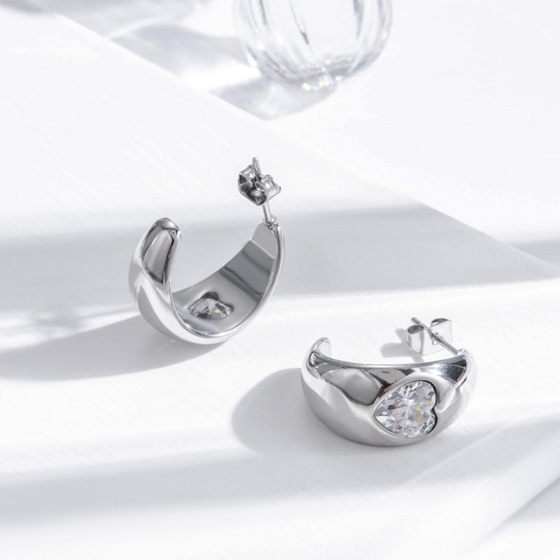 Boucles d'oreilles simples et gracieuses en acier inoxydable, cœur aimant en Zircon