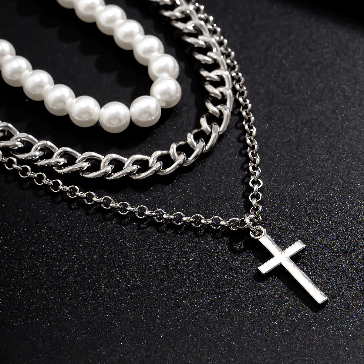 Collier Hip Hop Hipster européen avec croix de perles