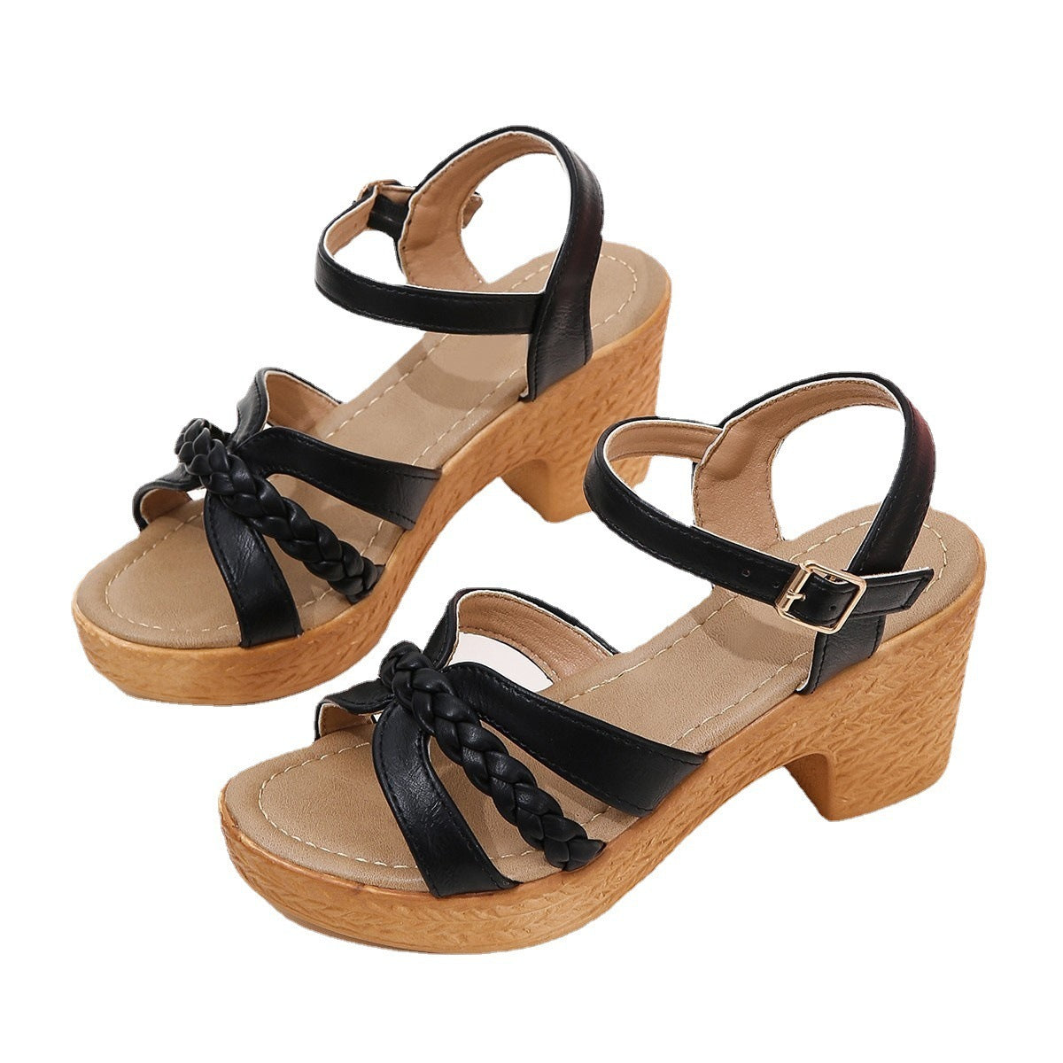 Sandales à boucle et bride à la cheville, talon épais, tête ronde, commerce extérieur