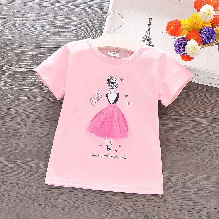 Vêtements d'été coréens pour enfants, T-shirt en coton à manches courtes pour enfants, chemise de dessin animé pour filles, chemise à manches mi-longues pour petites filles