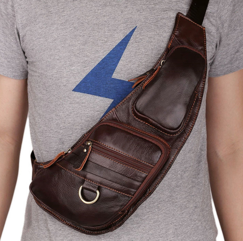 Bolso de cuero para hombre en el pecho Cartera informal de piel de vaca de primera capa