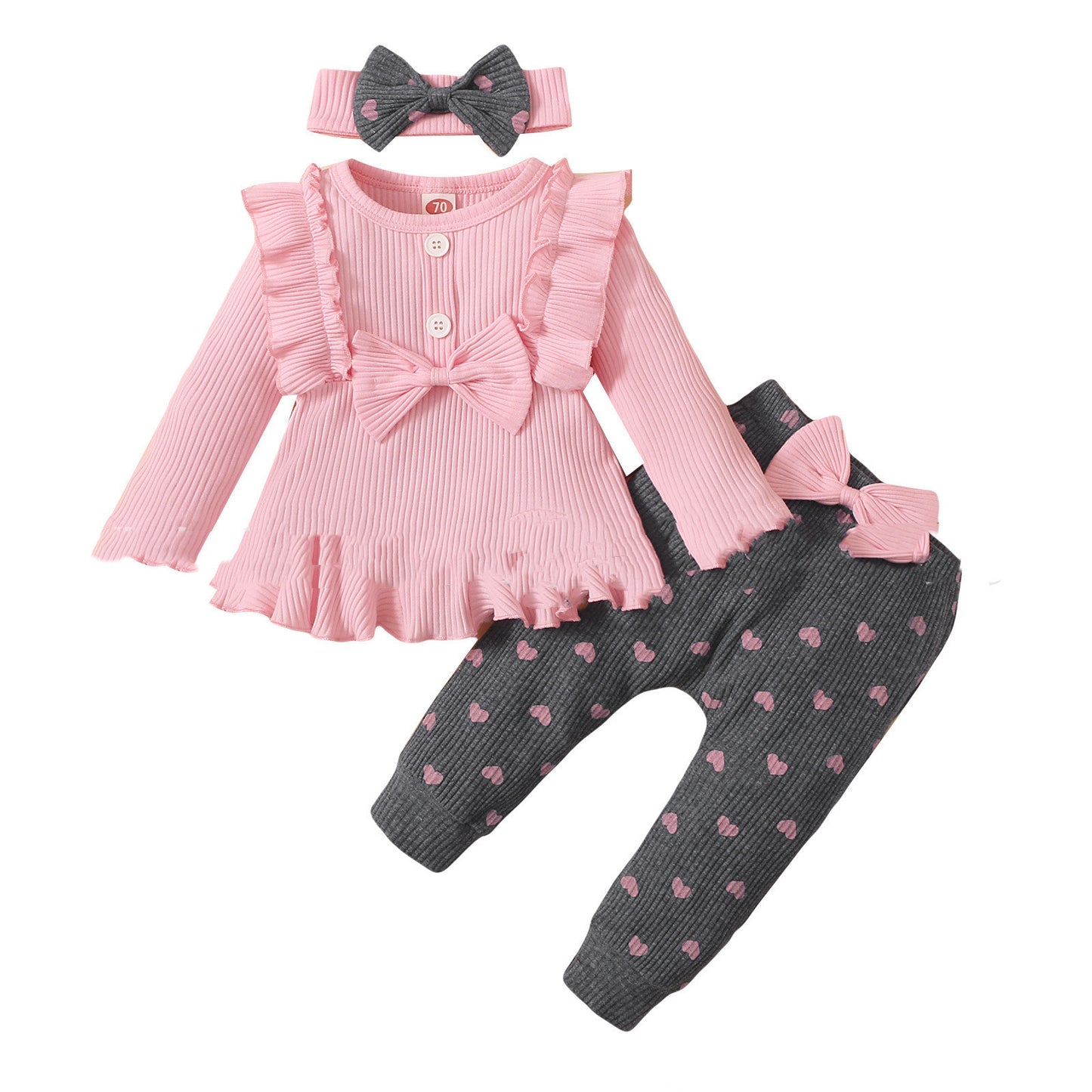 Traje para niños pequeños con top de rayas hundidas y leggings estampados con forma de corazón de melocotón