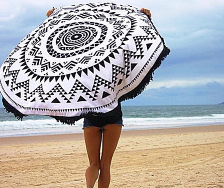 Tapis de plage ronds à pampilles imprimés européens et américains, tapis de yoga en bord de mer, serviettes de plage rondes