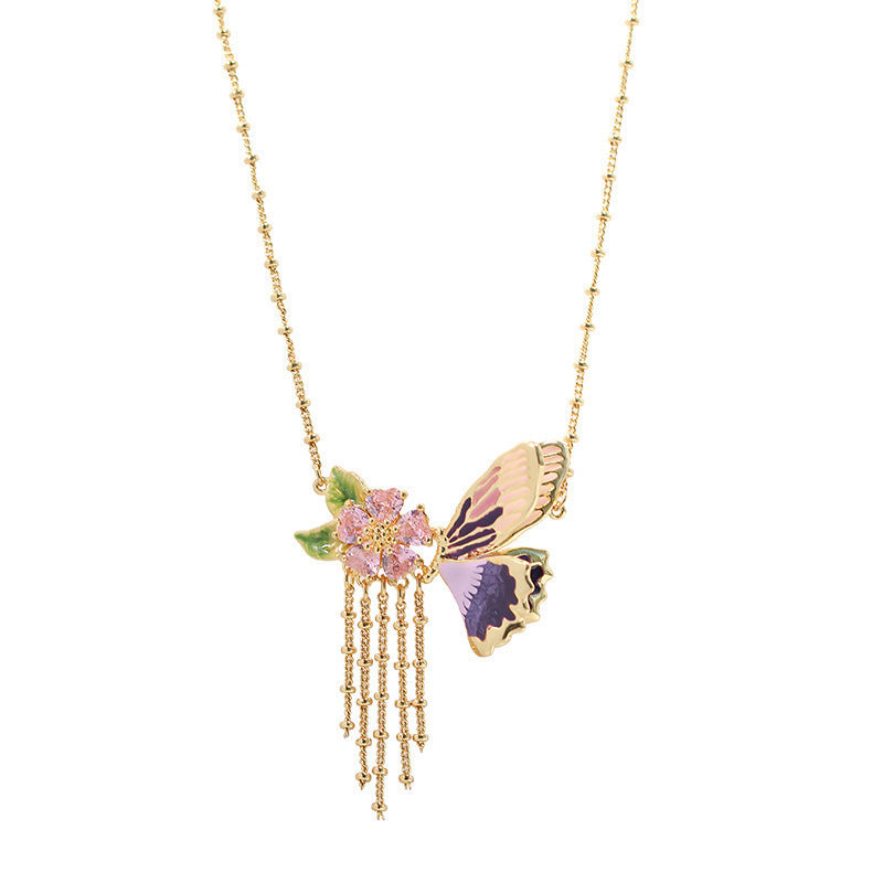 Collier de boucles d'oreilles plaqué or et émail série papillon colombe blanche
