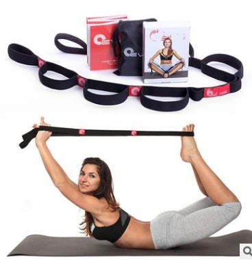 Sangle de yoga élastique avec plusieurs boucles de préhension.