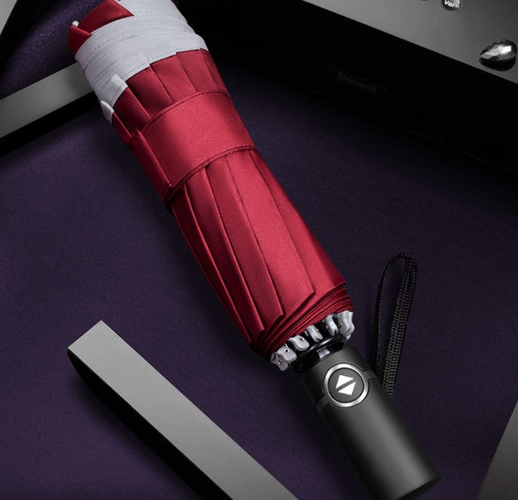 Paraguas invertido de viaje, paraguas plegable portátil a prueba de viento, paraguas de cierre automático de 10 varillas, rayas reflectantes para seguridad nocturna